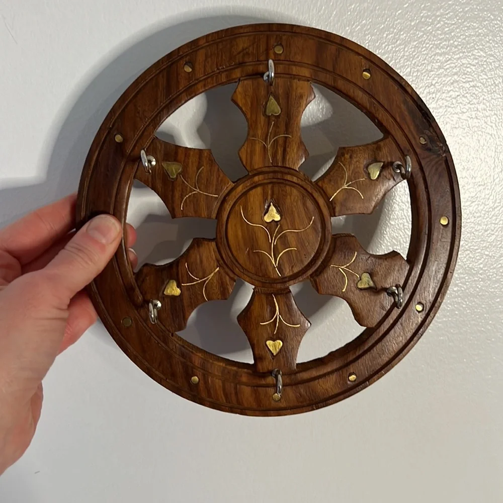 Vintage Boho Inlaid Brass and Wood Wall Key Hanger / Jewelry Hanger.